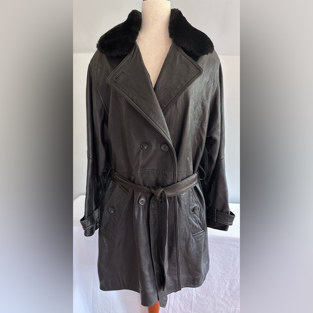 Rafael Collection Wilsons Leather Black Fur Collar Belted Long Coat SZ L